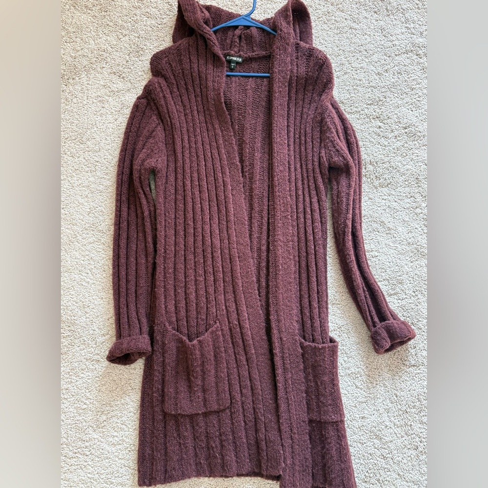 Express Ribbed Maroon Hooded Cardigan